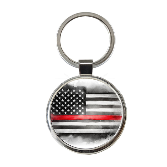 Thin Red Line Black And White American Flag Support Firemen Firefighters Round Metal Keychain