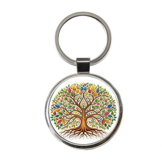 Tree Of Life Design With Multi-color Leaves Round Metal Keychain