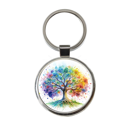 Tree Of Life Rainbow Watercolor Round Metal Keychain