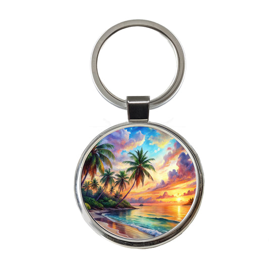 Tropical Beach At Sunset Watercolor Round Metal Keychain