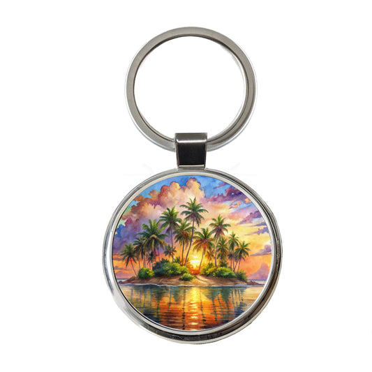 Tropical Deserted Island At Sunrise Watercolor Round Metal Keychain