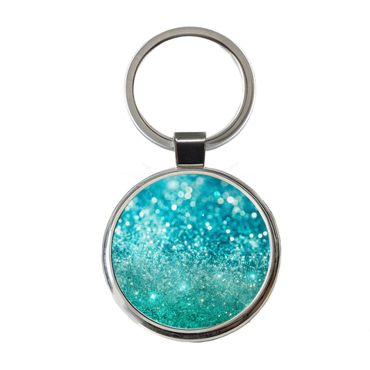 Turquoise Faux Glitter Round Metal Keychain