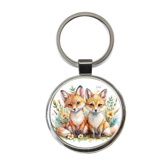 Two Sweet Foxes Round Metal Keychain