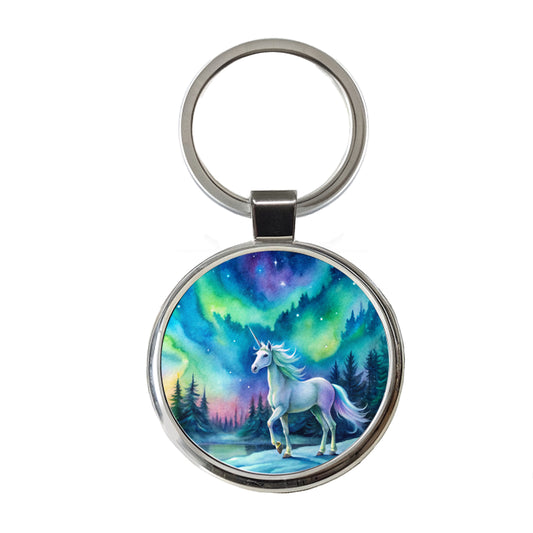 Unicorn Northern Lights Fantasy Watercolor Round Metal Keychain