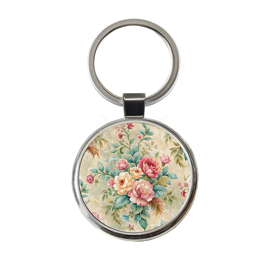 Victorian Flowers Wallpaper Round Metal Keychain