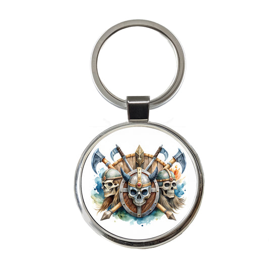 Viking Axes Shields And Skulls Watercolor Round Metal Keychain