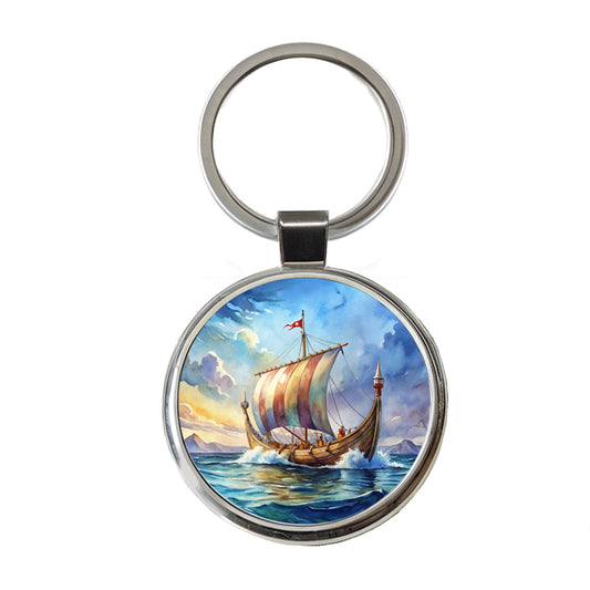 Viking Ship On The Ocean Watercolor Round Metal Keychain
