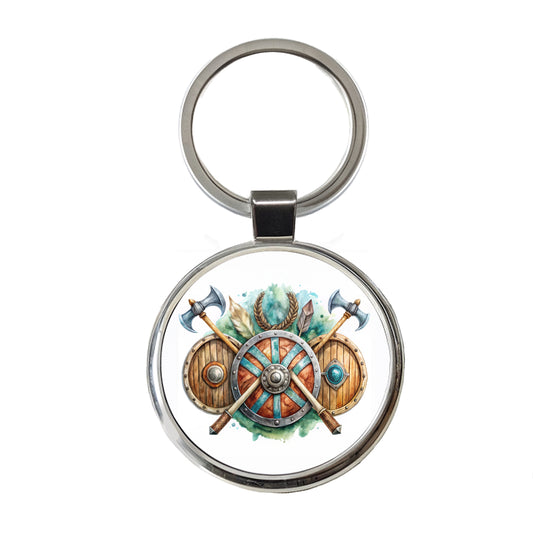 Viking Symbols Shields Axes Watercolor Round Metal Keychain