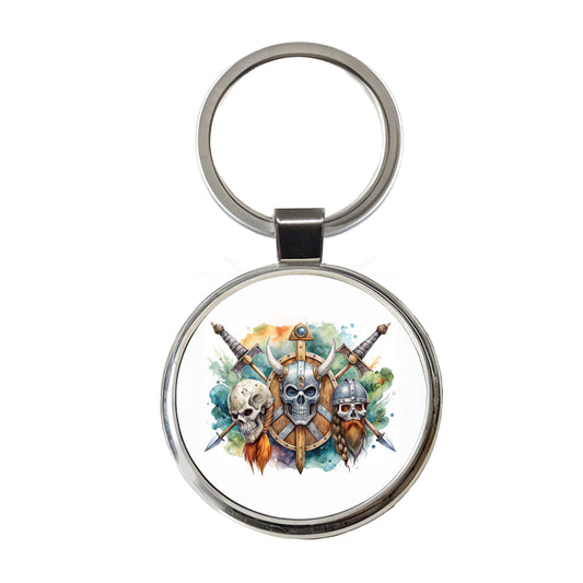 Viking Symbols Shields Swords Skulls Watercolor Round Metal Keychain