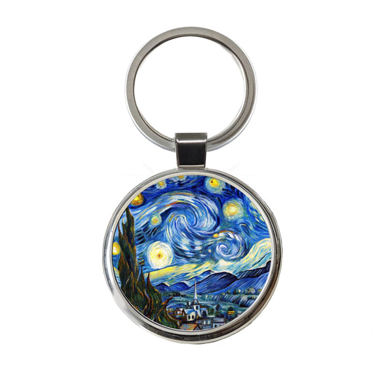 Watercolor Faux Van Gogh Starry Night Round Metal Keychain