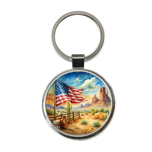 Western Americana American Flag Country Watercolor Round Metal Keychain