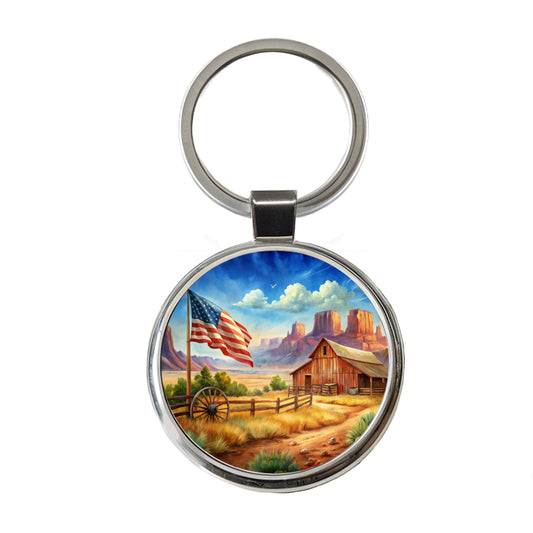 Western Americana Country Flag Ranch Wagon Wheel Round Metal Keychain