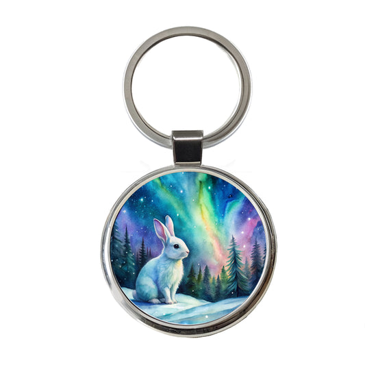 White Bunny Rabbit And Northern Lights Watercolor Round Metal Keychain