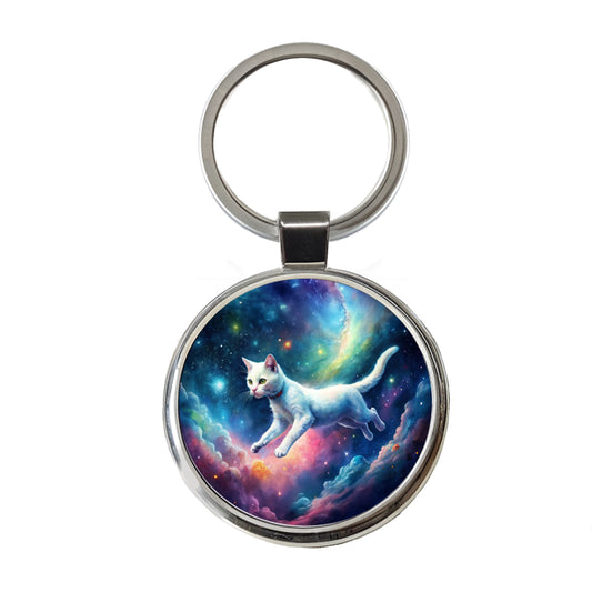 White Cat Flying Through Space Funny Watercolor Round Metal Keychain