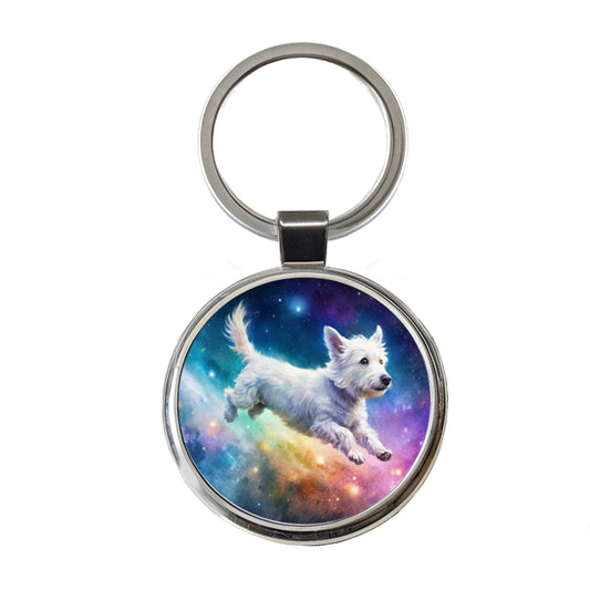 White Dog Flying Through Space Funny Watercolor Round Metal Keychain