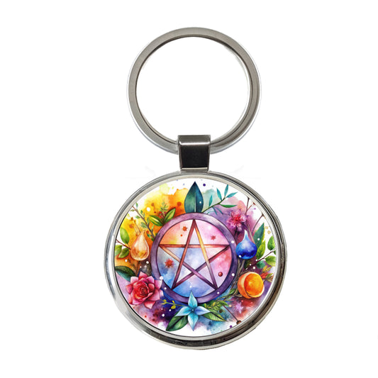 Witch Wiccan Pentagram Floral Watercolor Round Metal Keychain