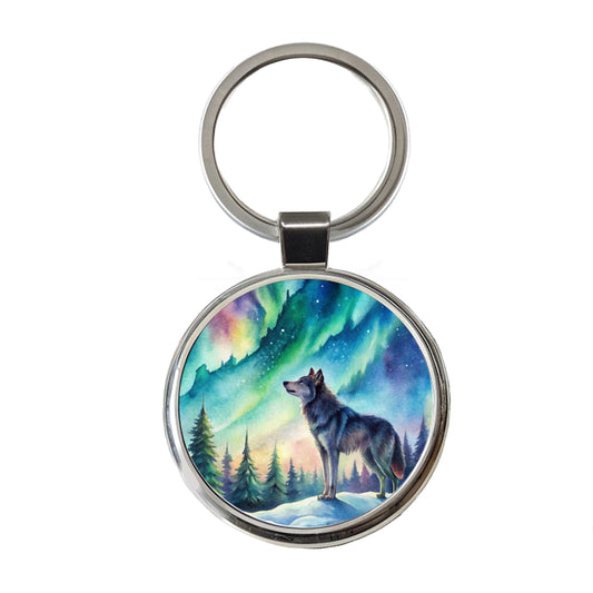 Wolf And Northern Lights Watercolor Round Metal Keychain
