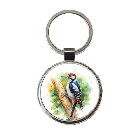 Woodpecker In Tree Bird Watercolor Round Metal Keychain