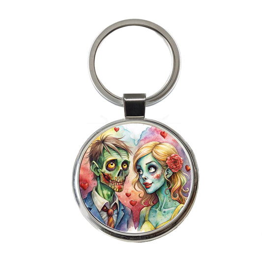 Zombies In Love Valentine's Day Halloween Round Metal Keychain
