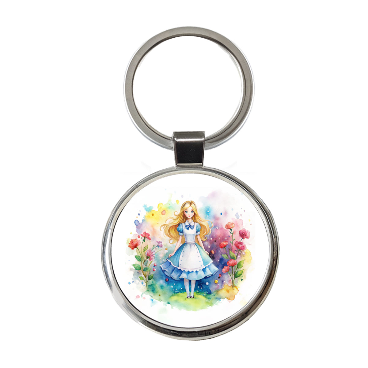 Alice In Wonderland Watercolor Round Metal Keychain