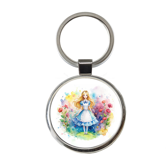 Alice In Wonderland Watercolor Round Metal Keychain