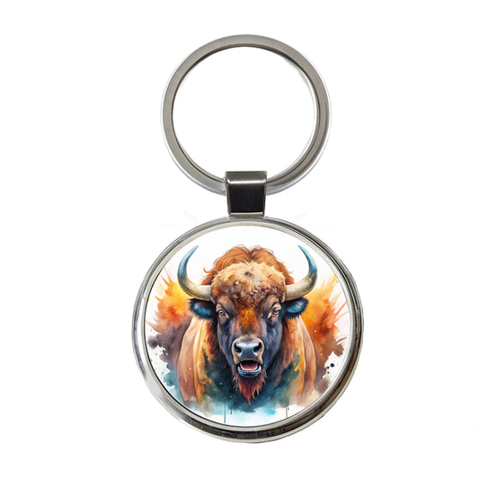 Angry American Bison Buffalo Watercolor Round Metal Keychain