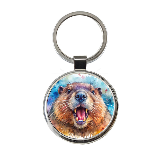 Angry Beaver Watercolor Round Metal Keychain