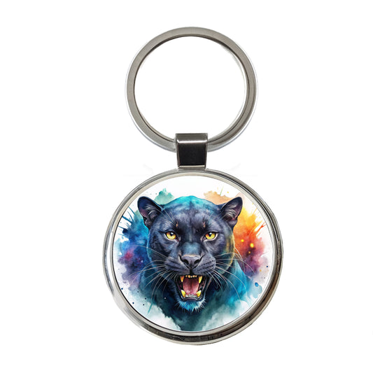 Angry Black Panther Watercolor Round Metal Keychain