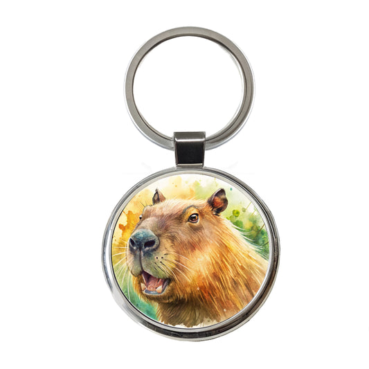 Angry Capybara Watercolor Round Metal Keychain