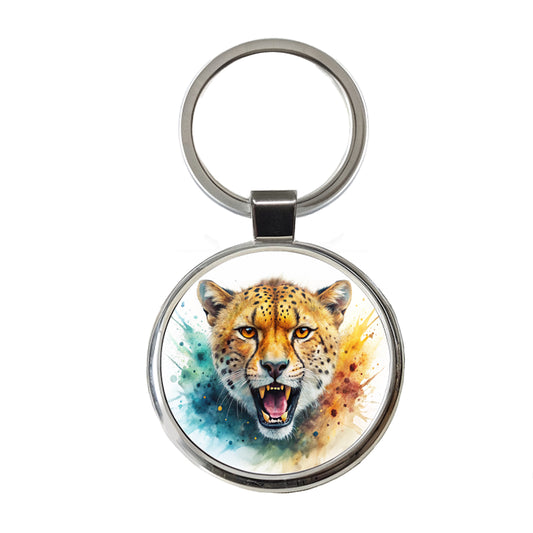 Angry Cheetah Watercolor Round Metal Keychain