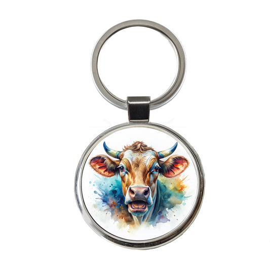 Angry Cow Watercolor Round Metal Keychain