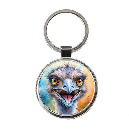 Angry Emu Watercolor Round Metal Keychain