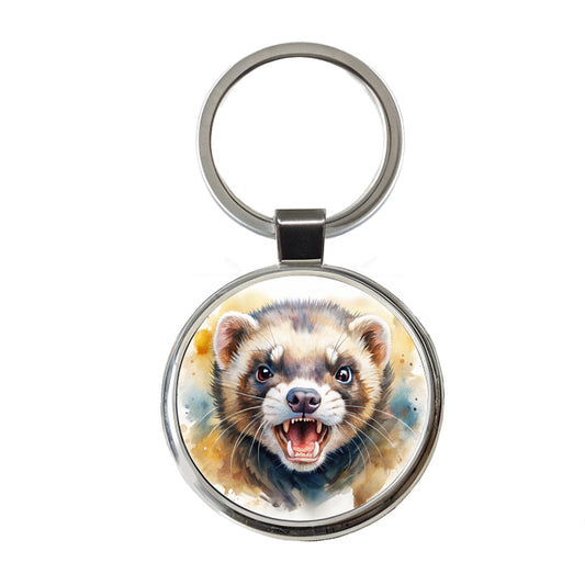 Angry Ferret Watercolor Round Metal Keychain