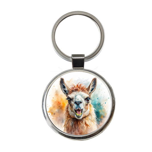 Angry Llama Watercolor Round Metal Keychain