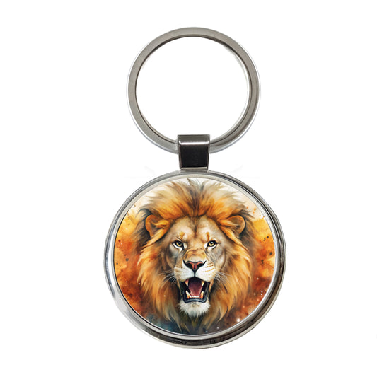 Angry Male Lion Watercolor Round Metal Keychain