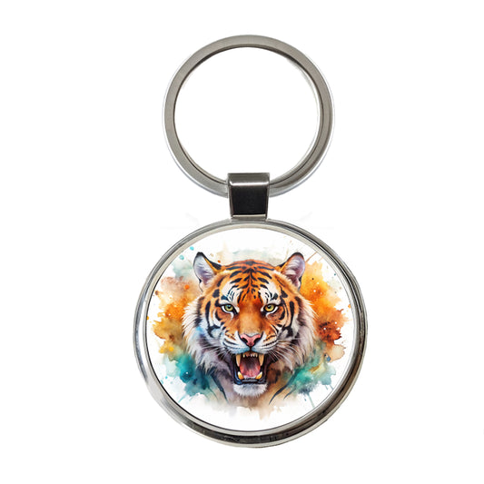 Angry Tiger Watercolor Round Metal Keychain