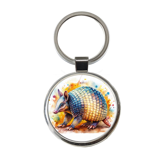 Armadillo Watercolor Round Metal Keychain
