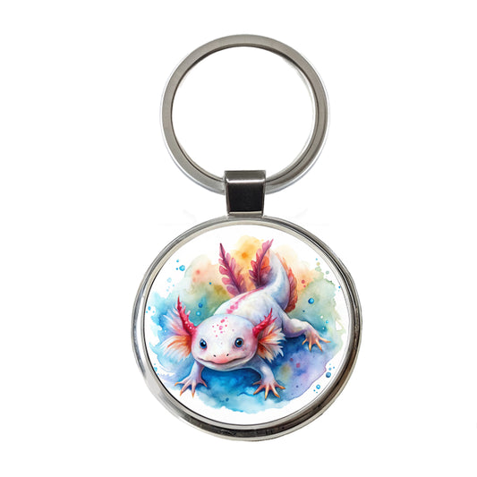 Axolotl Watercolor Round Metal Keychain