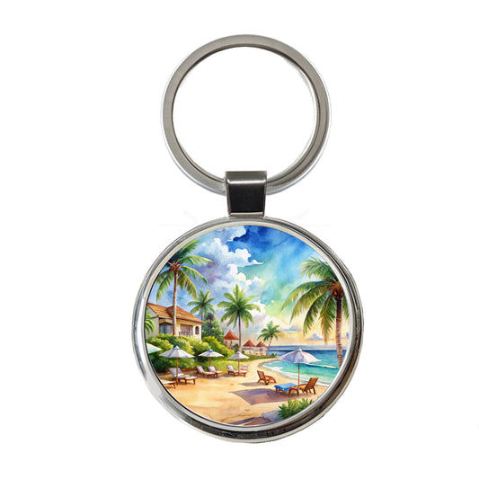 Beach Resort Tropical Scene Watercolor Round Metal Keychain