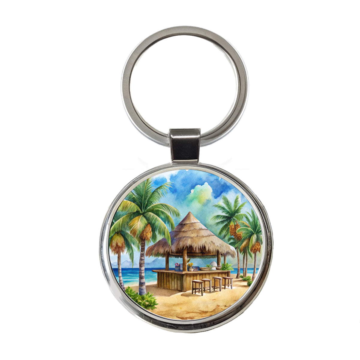 Beach Resort Tropical Scene With Tiki Bar Round Metal Keychain