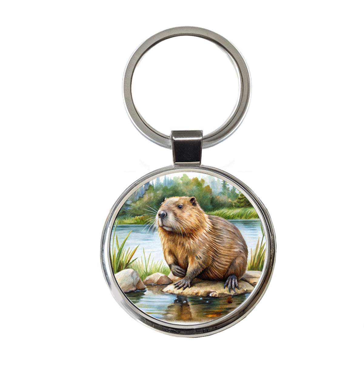 Beaver in the Pond Dam Watercolor Round Metal Keychain