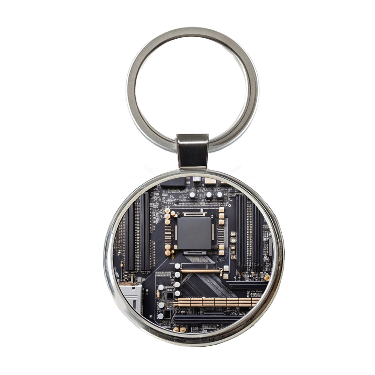 Black Gaming Computer Motherboard Round Metal Keychain