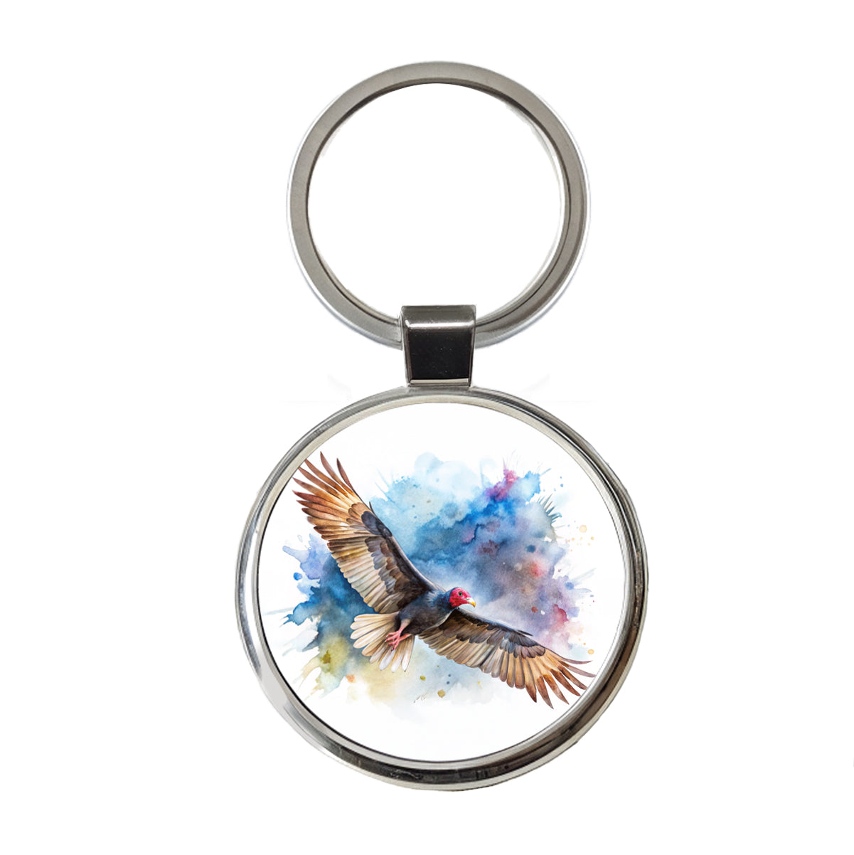 Black Turkey Vulture In Flight Watercolor Round Metal Keychain