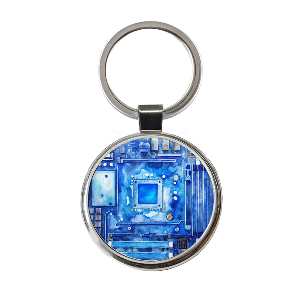 Blue Computer Motherboard Watercolor Round Metal Keychain