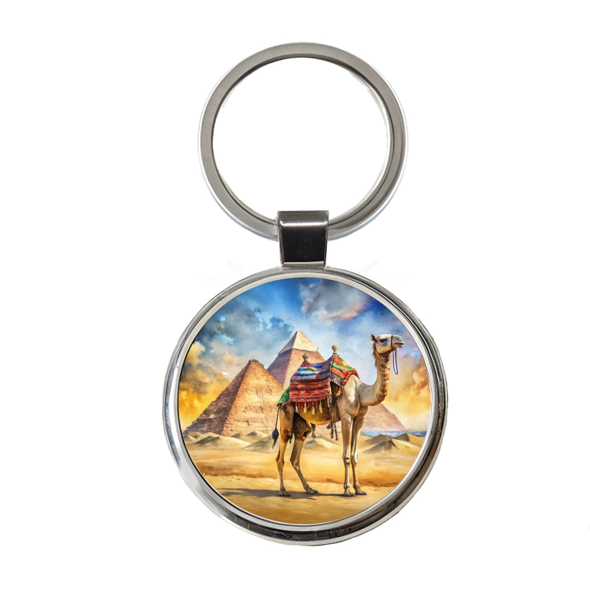 Camel With Pyramids In Background Watercolor Round Metal Keychain