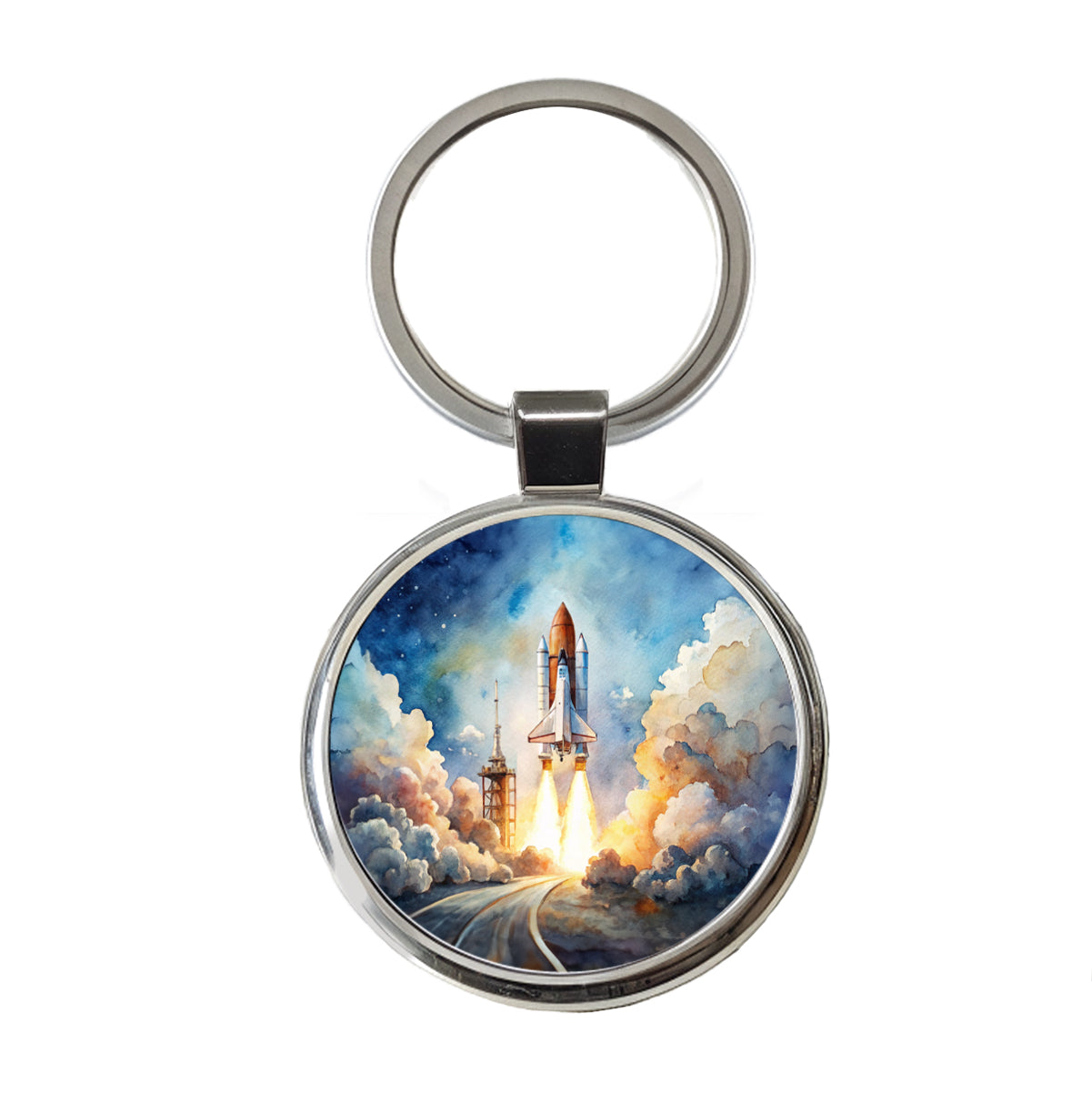 Classic Space Shuttle Launch Watercolor Round Metal Keychain