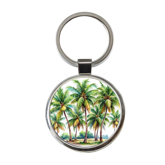 Coconut Trees Tropical Beach Watercolor Round Metal Keychain