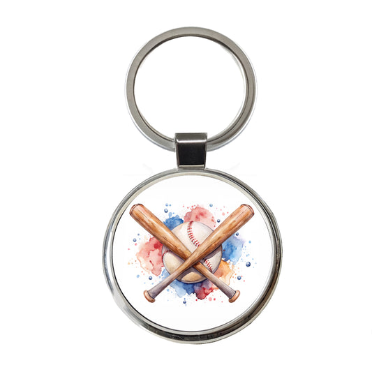 Crossed Baseball Bats And Balls Watercolor Round Metal Keychain