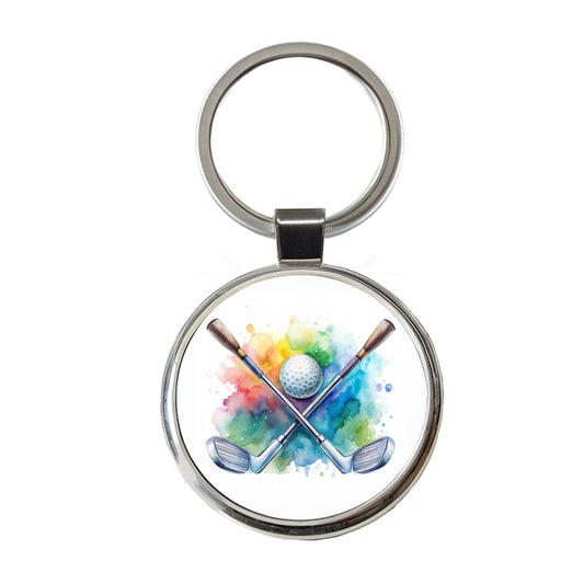Crossed Golf Clubs And Ball Watercolor Round Metal Keychain