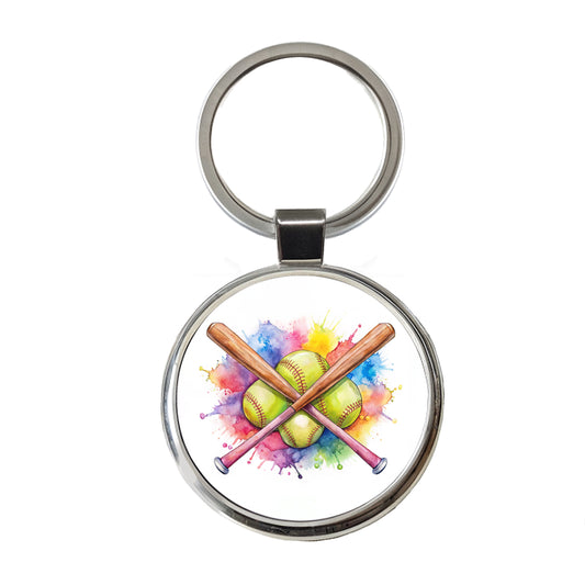 Crossed Softball Bats And Balls Watercolor Round Metal Keychain